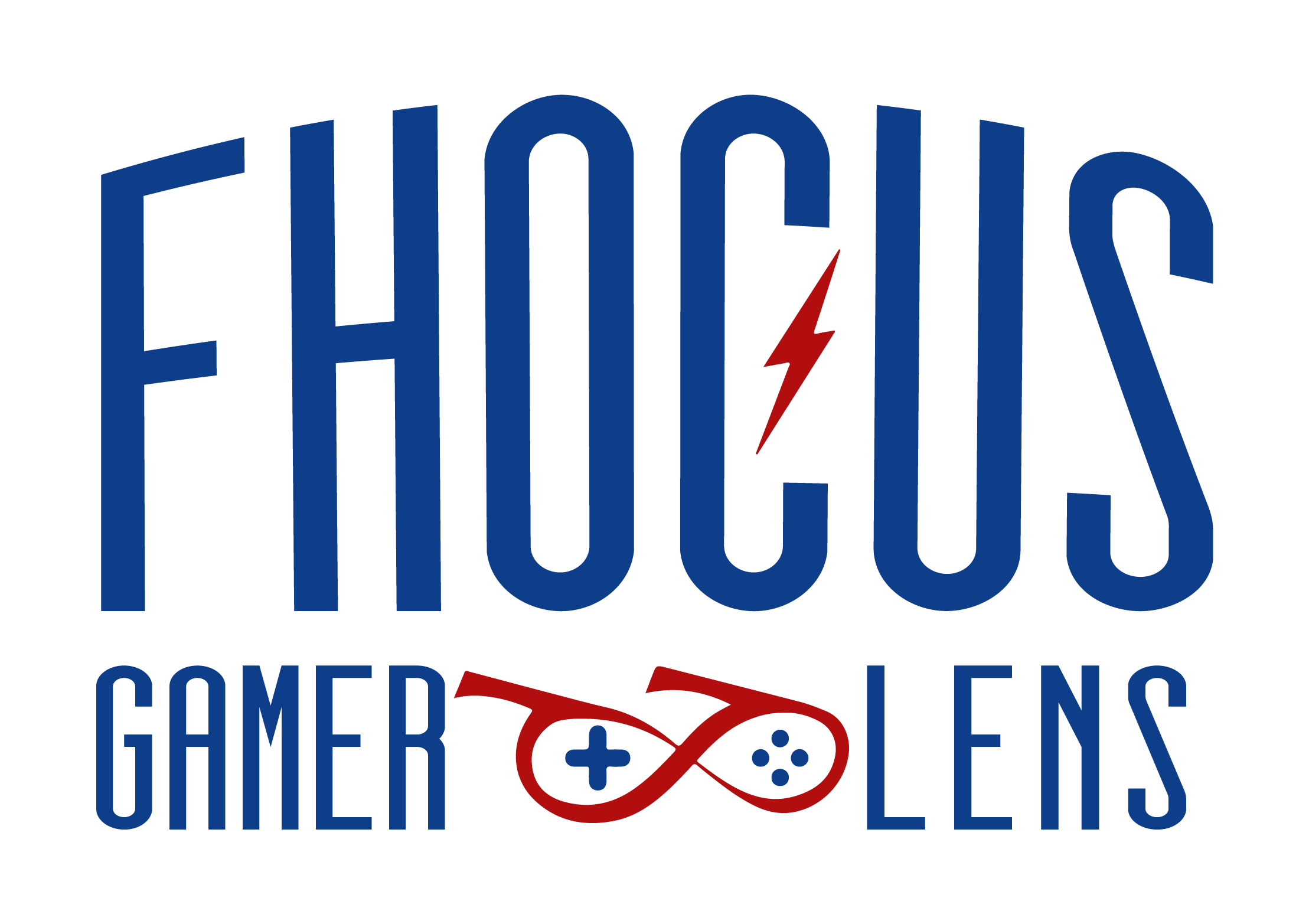 Logo Fhocus Gamer Lens, cores azul e vermelha